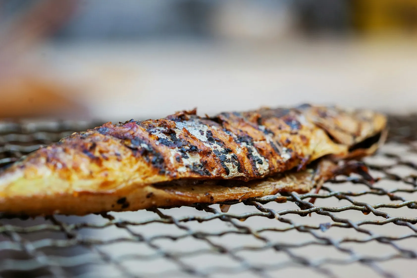Grilled stuffed squid with charred grill marks resting on a wire mesh grill, golden brown and caramelised on the outside