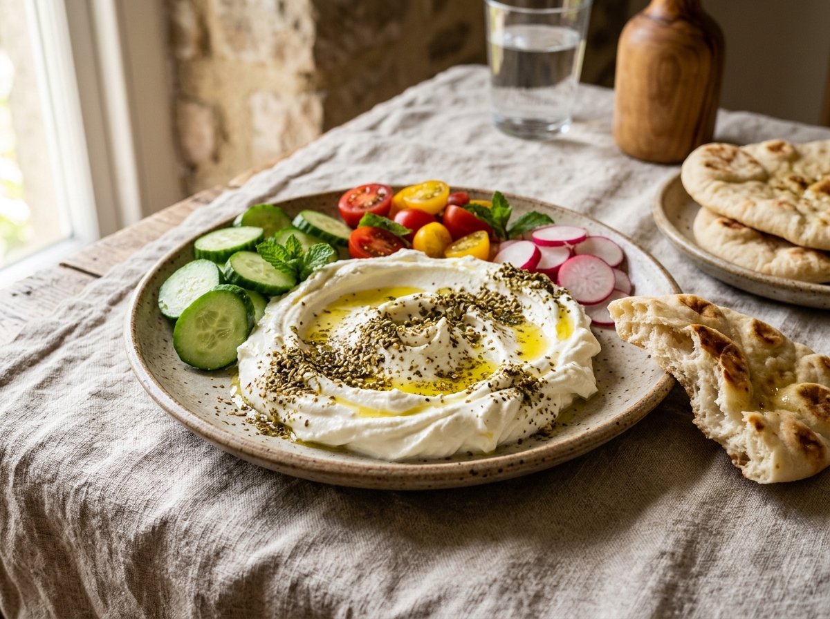 Labneh with za'atar, olive oil, cucumber, tomatoes and flatbread