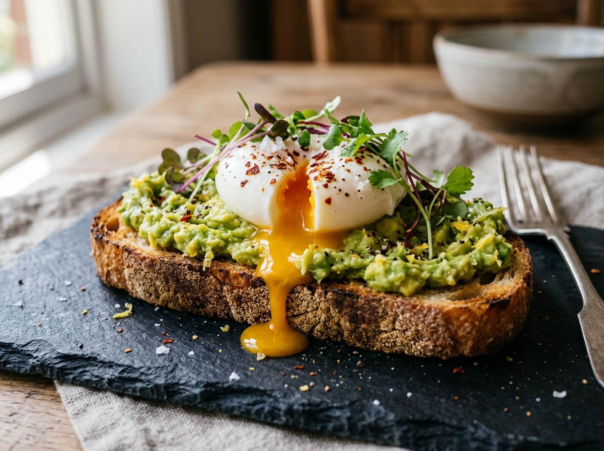 Avocado toast on sourdough with poached egg and chilli flakes
