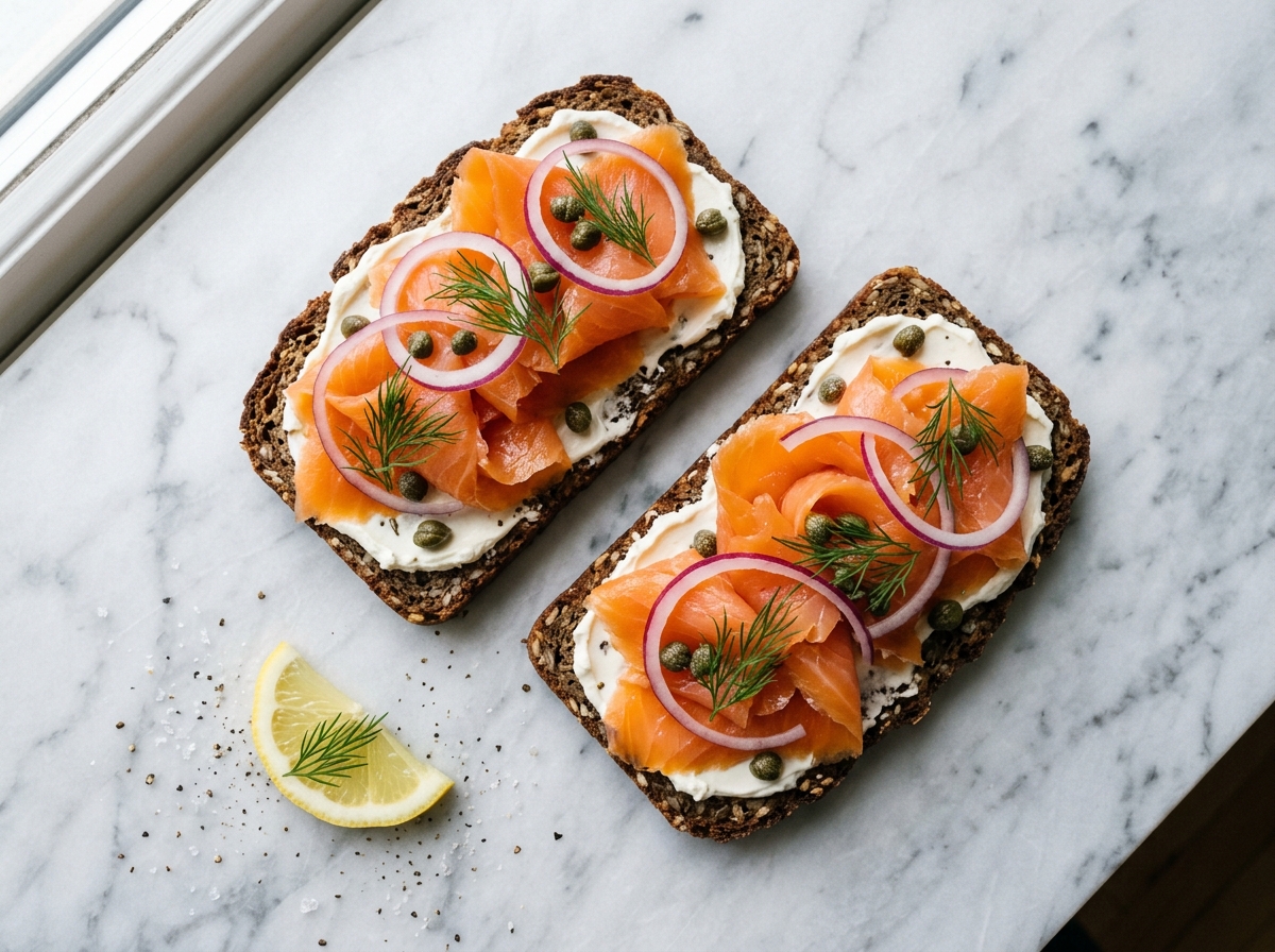 Smoked salmon on rye with cream cheese, capers and red onion