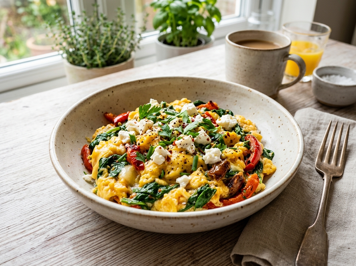 Egg and vegetable scramble with spinach, peppers and feta